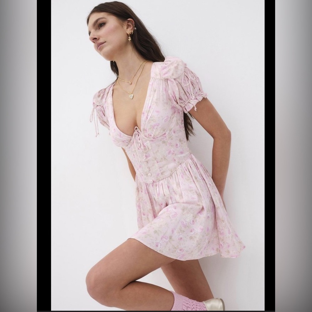 For Love And Lemons Pink Paulina puff sleeve Floral Mini Dress